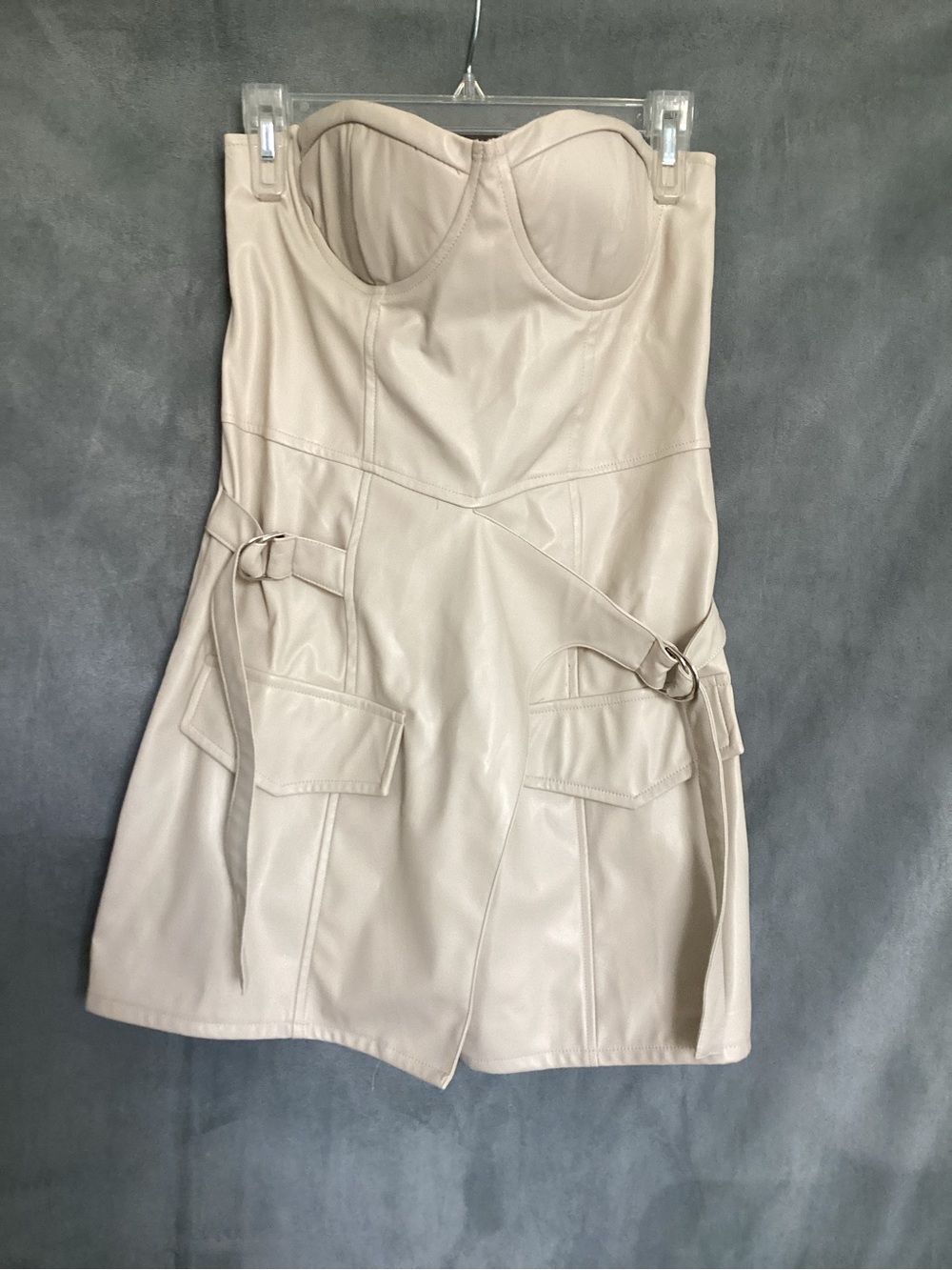 PrettyLittleThing Strapless Faux-Leather Mini Dress in Cream